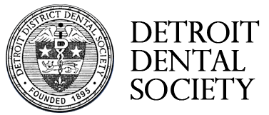 The image shows a logo with text that includes DETROIT DENTAL SERVICE and an emblem resembling a shield, along with a graphic of a building and a seal with a ribbon across the top.